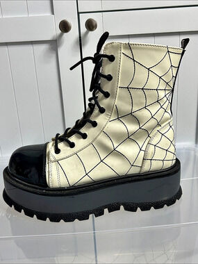 Demonia Slacker-88 Spiderweb Combat Boots Black & Cream US 9